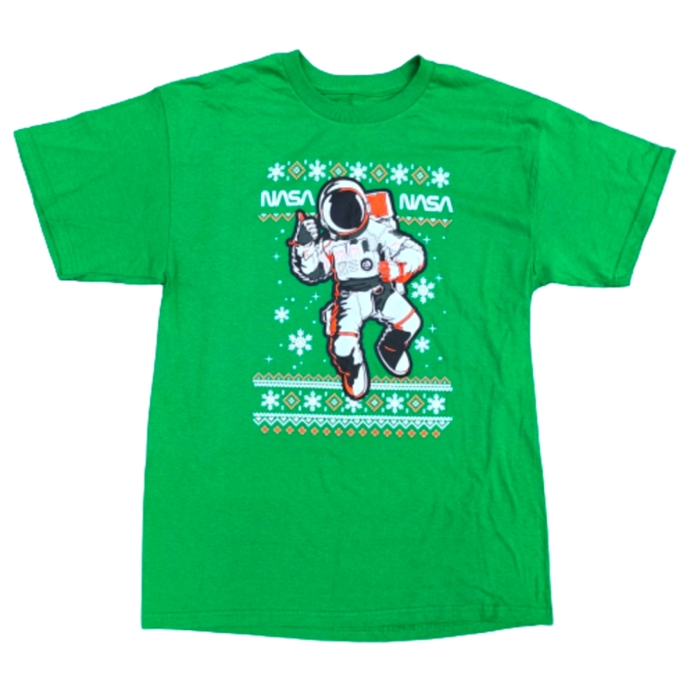NASA 100% Cotton Green Christmas Snowflake Astronaut Short Sleeve T-shirt ♥
